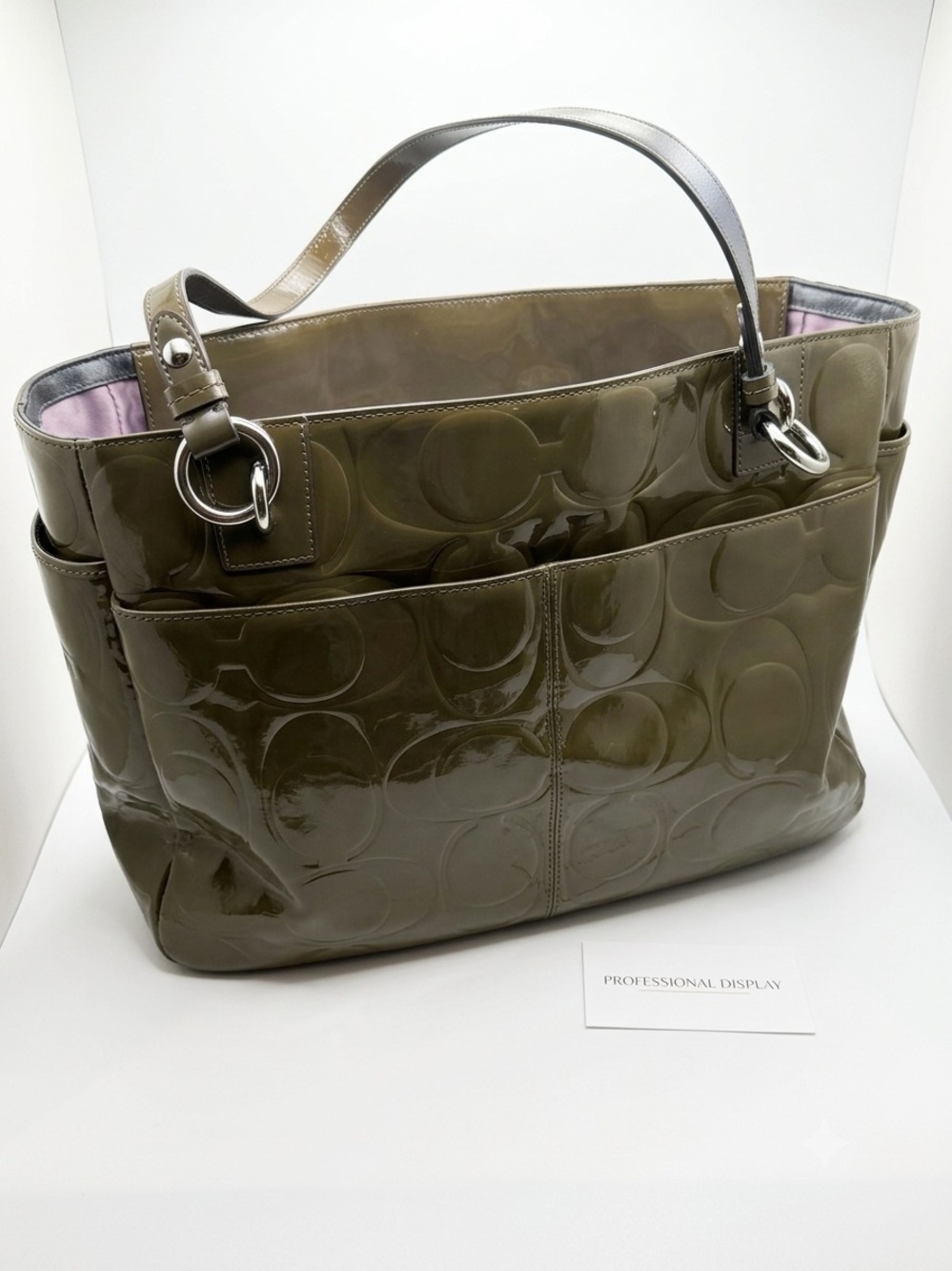 Coach Zoe Large Olive Green Patent Leather Signature Hobo Bag Tote F14709 - Picture 3 of 10